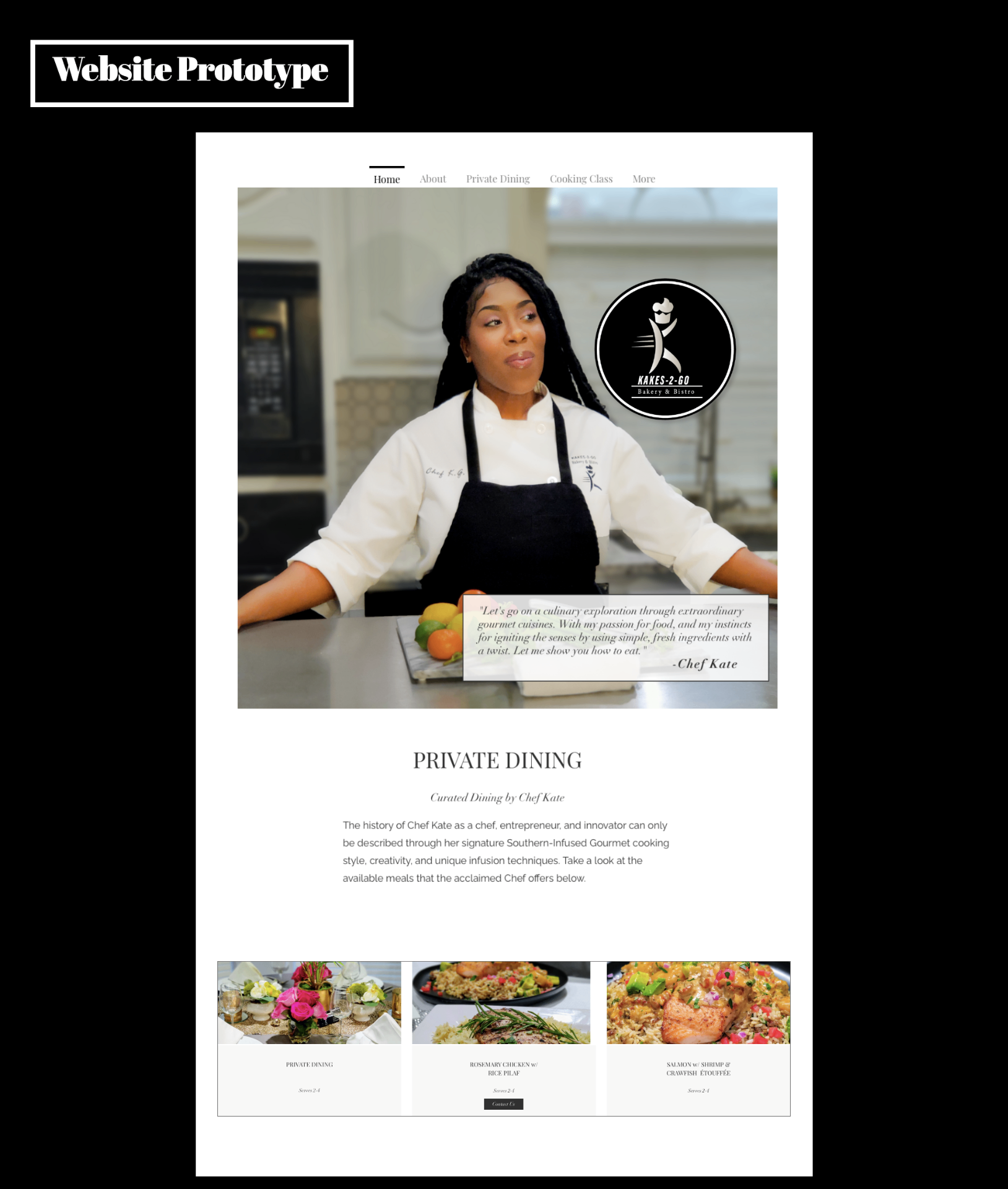 Website prototype for Thee Chef Kate showing the home page hero and private dining menu cards