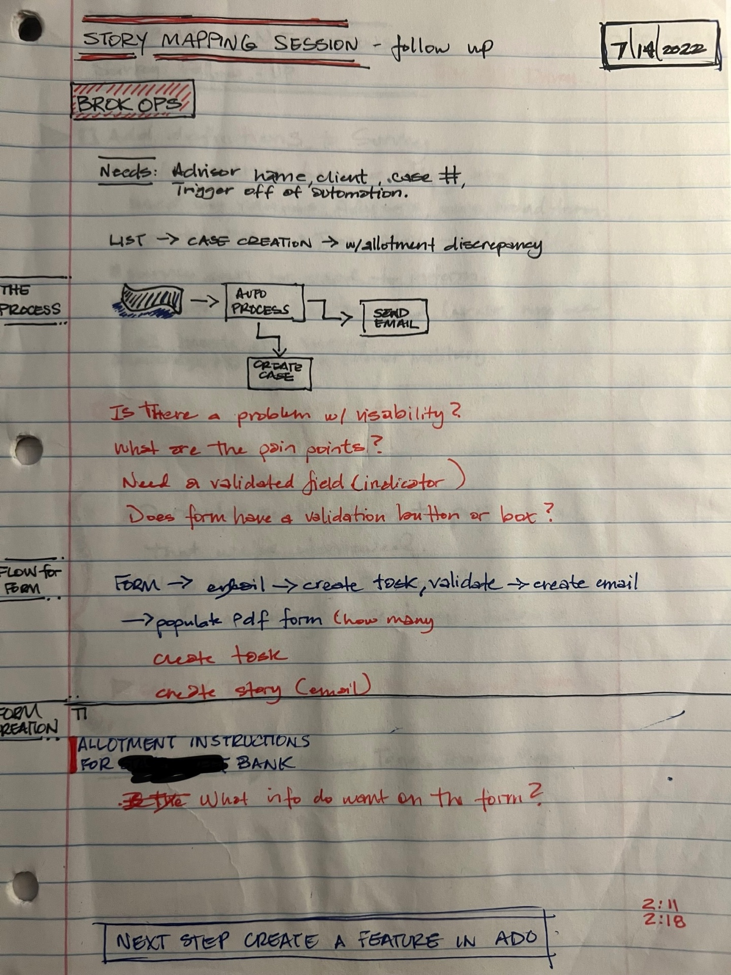 Handwritten story mapping session follow-up notes on lined notebook paper, dated 7/14/2022, with a flowchart for automated case creation and red-ink usability questions