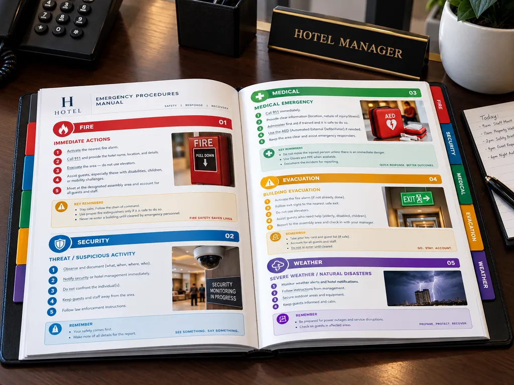 Open Emergency Procedures Manual spread showing color-coded task flows for Fire, Security, Medical, Evacuation, and Weather response
