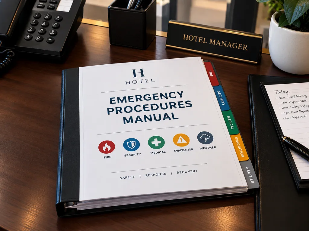 A hotel manager's desk featuring a color-coded Emergency Procedures Manual binder with category tabs for Fire, Security, Medical, Evacuation, and Weather