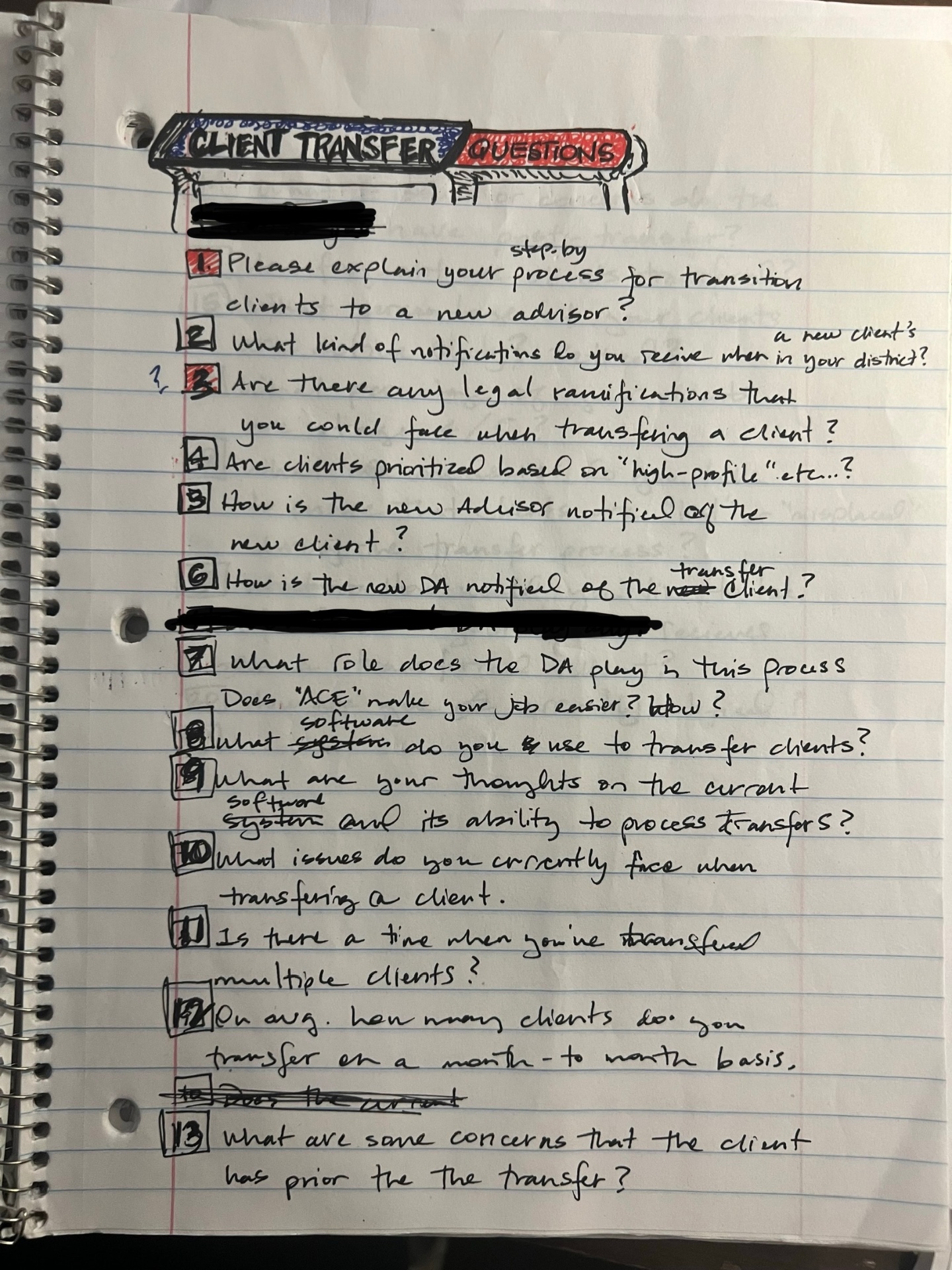 Handwritten client transfer interview questions on lined notebook paper, prepared for direct advisor conversations about friction in the current process