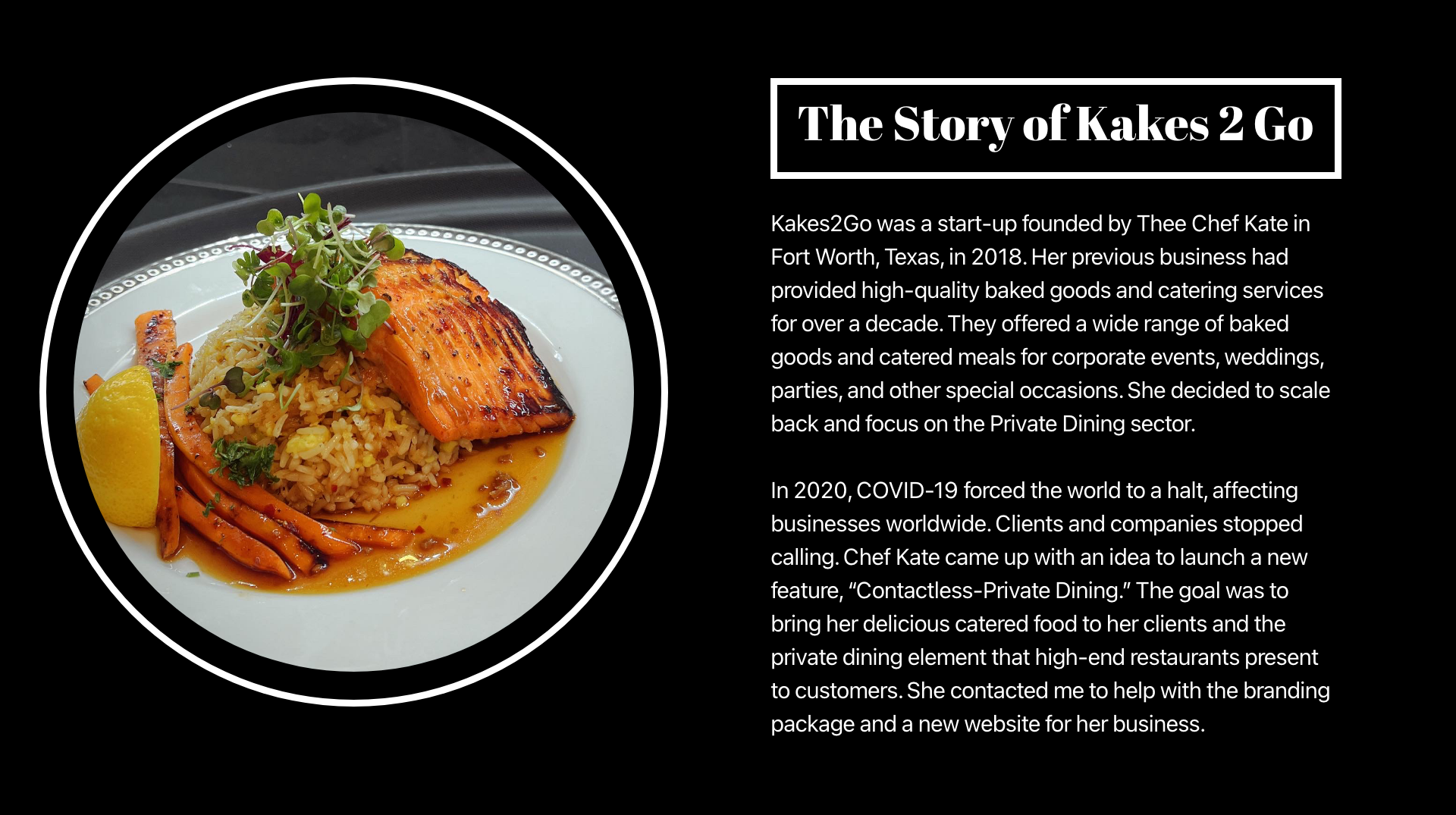 Brand slide telling the story of Kakes 2 Go and the launch of Contactless Private Dining