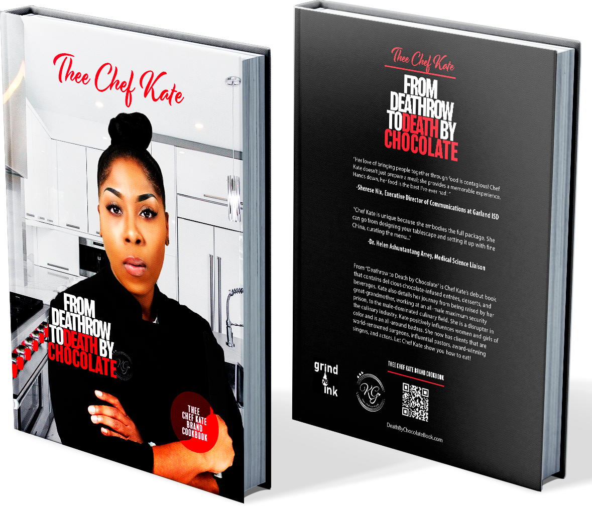 Front and back cover of Chef Kate's book From Deathrow to Death by Chocolate