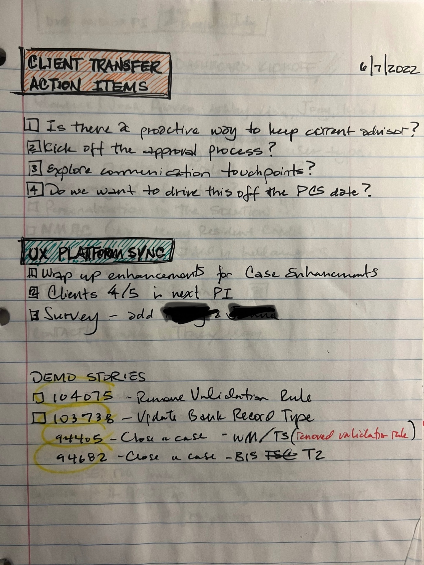 Handwritten client transfer action items on lined notebook paper, dated 6/7/2022, listing open questions about advisor retention, approval process, and communication touchpoints
