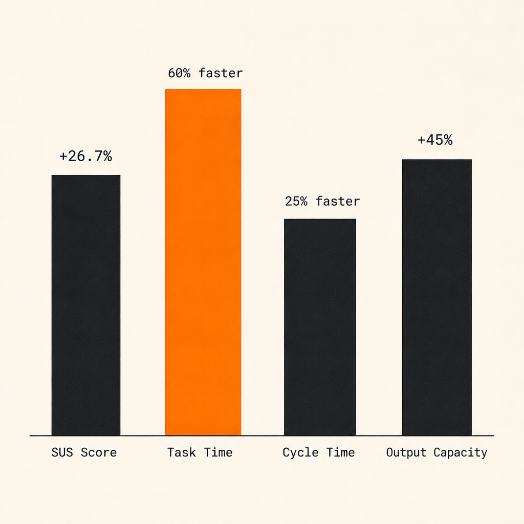 Conceptual bar chart visualizing the four results metrics: SUS score, task time, cycle time, and output capacity